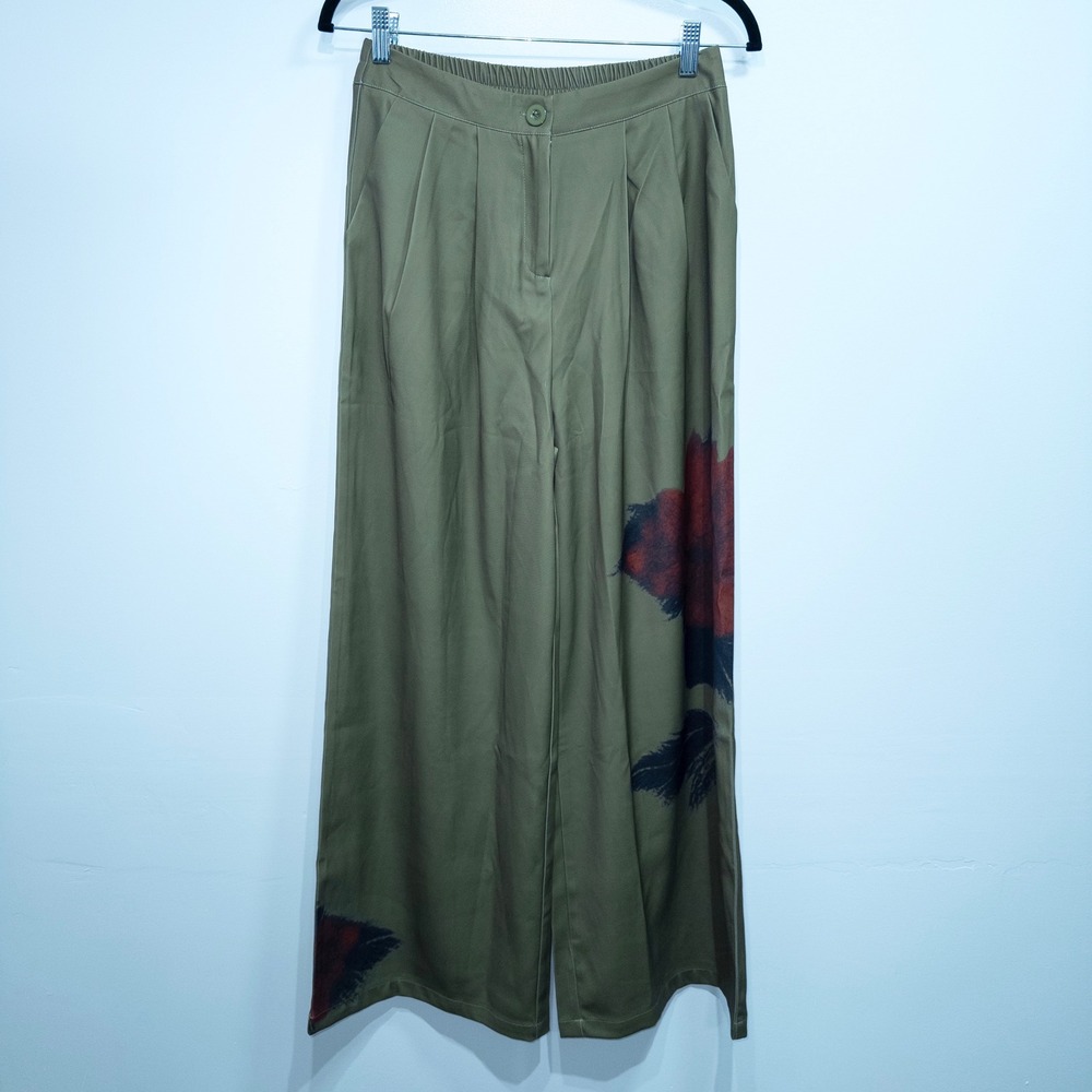 Uoozee‎ Green Rose Printed Wide Leg Trousers Size Medium NWT